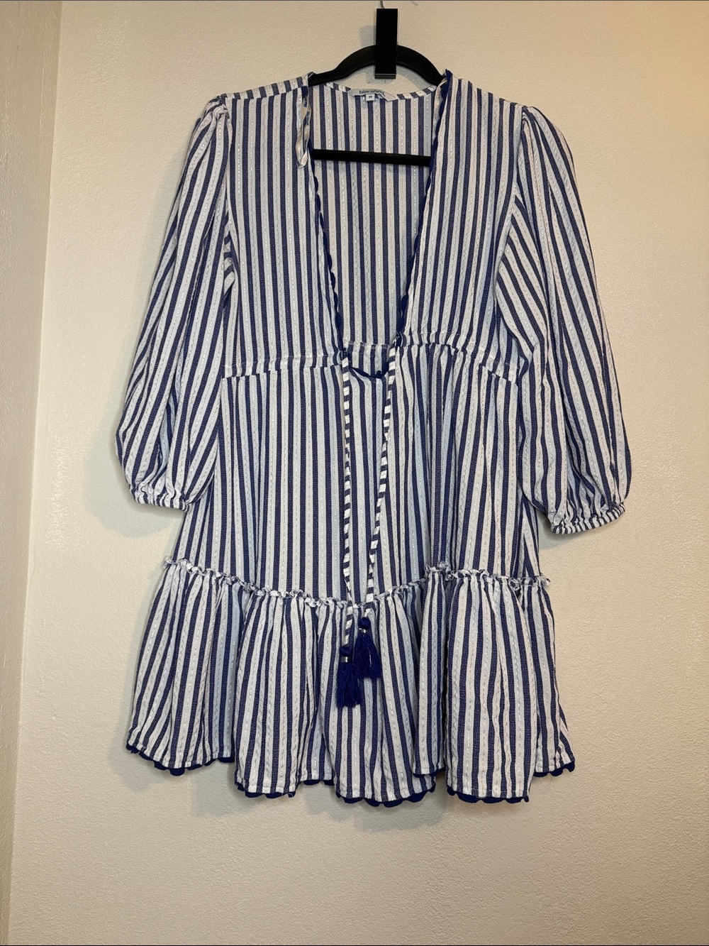 blue island Navy & White Vertical Stripe Tie-Front Tunic